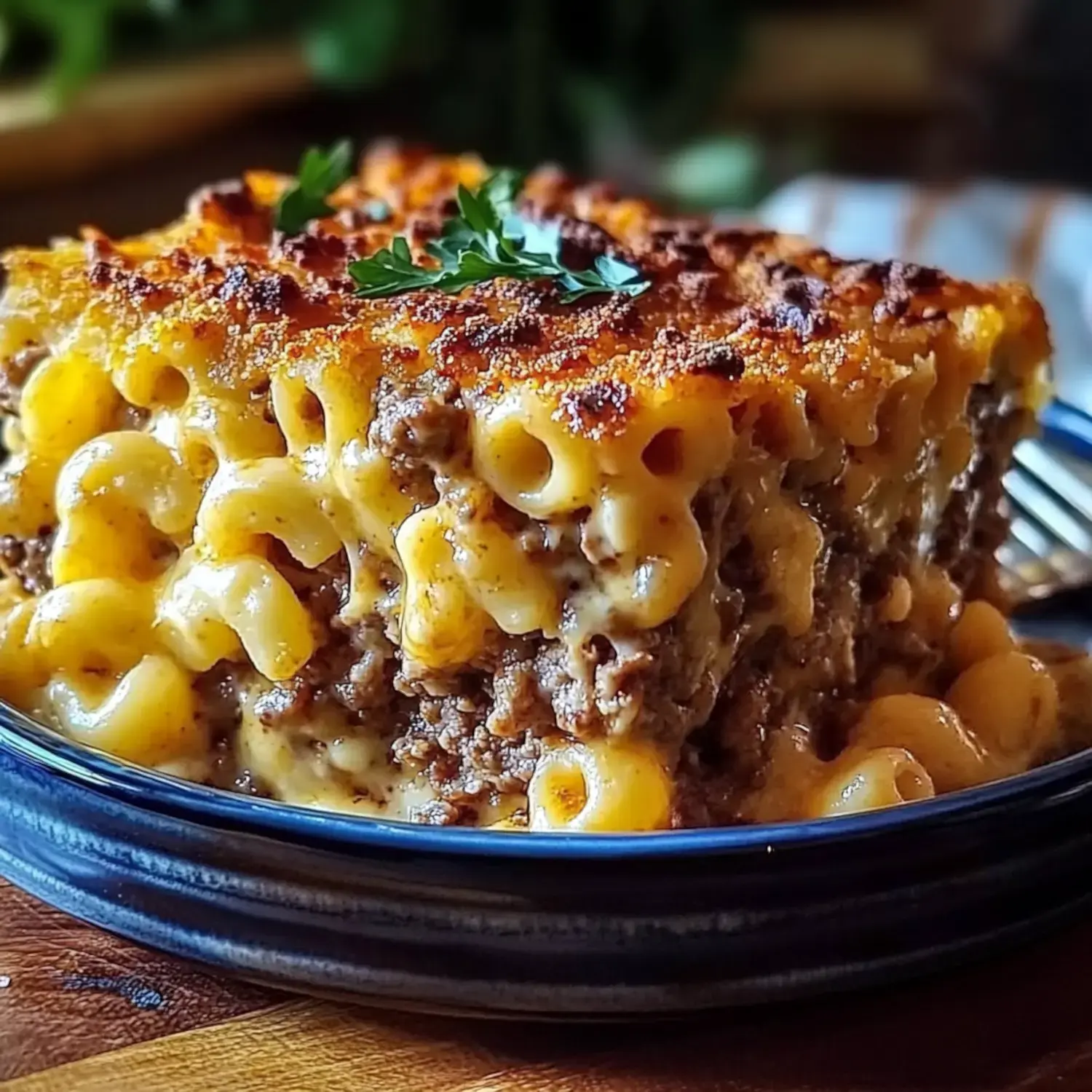 A close-up of a baked casserole dish layered with macaroni and cheese and ground beef, garnished with fresh herbs.