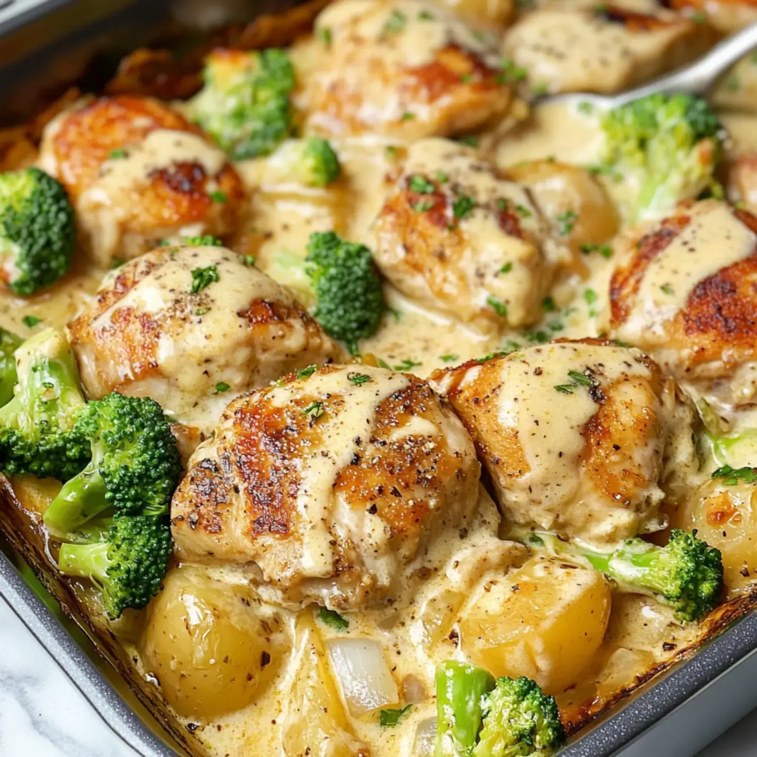 A close-up of chicken thighs cooked in a creamy sauce, surrounded by broccoli and diced onions.