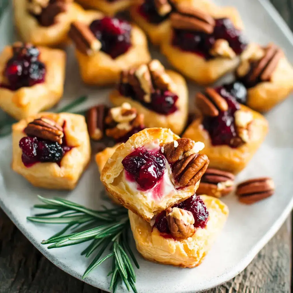 A plate of flaky pastry bites filled with cream cheese, topped with cranberry sauce and pecans, garnished with rosemary.