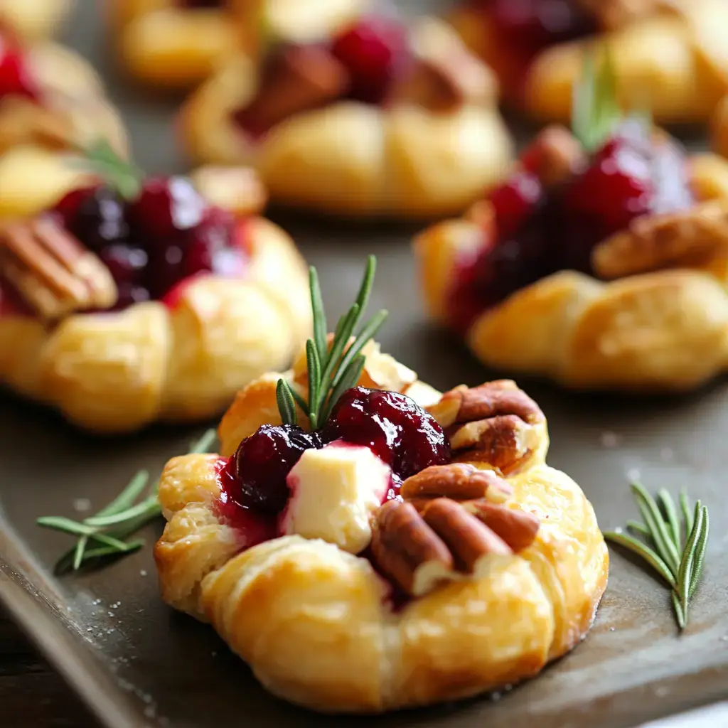 A close-up view of flaky pastry cups filled with cream cheese, topped with cranberry sauce, pecans, and garnished with fresh rosemary.