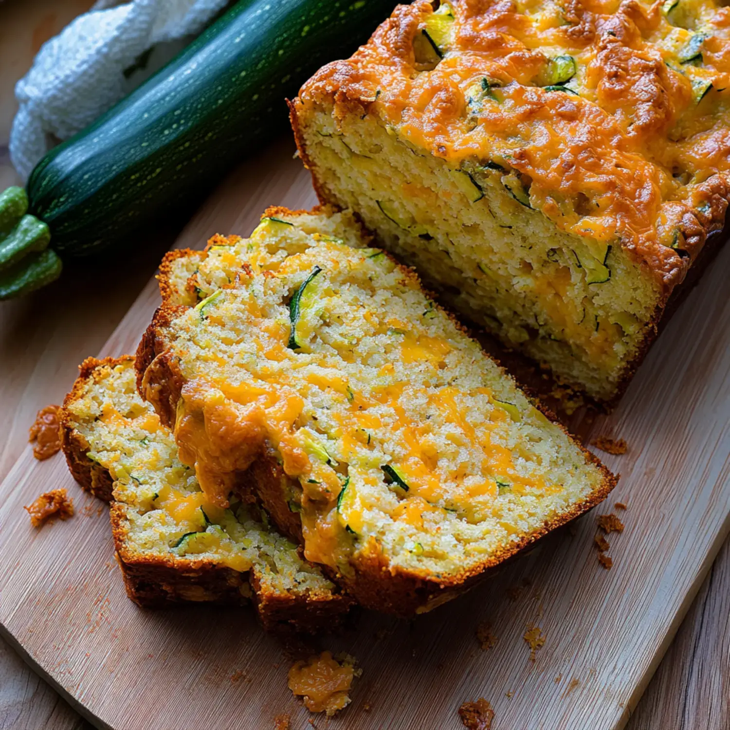 A freshly baked zucchini bread topped with melted cheese, sliced and served on a wooden cutting board, accompanied by whole zucchinis.