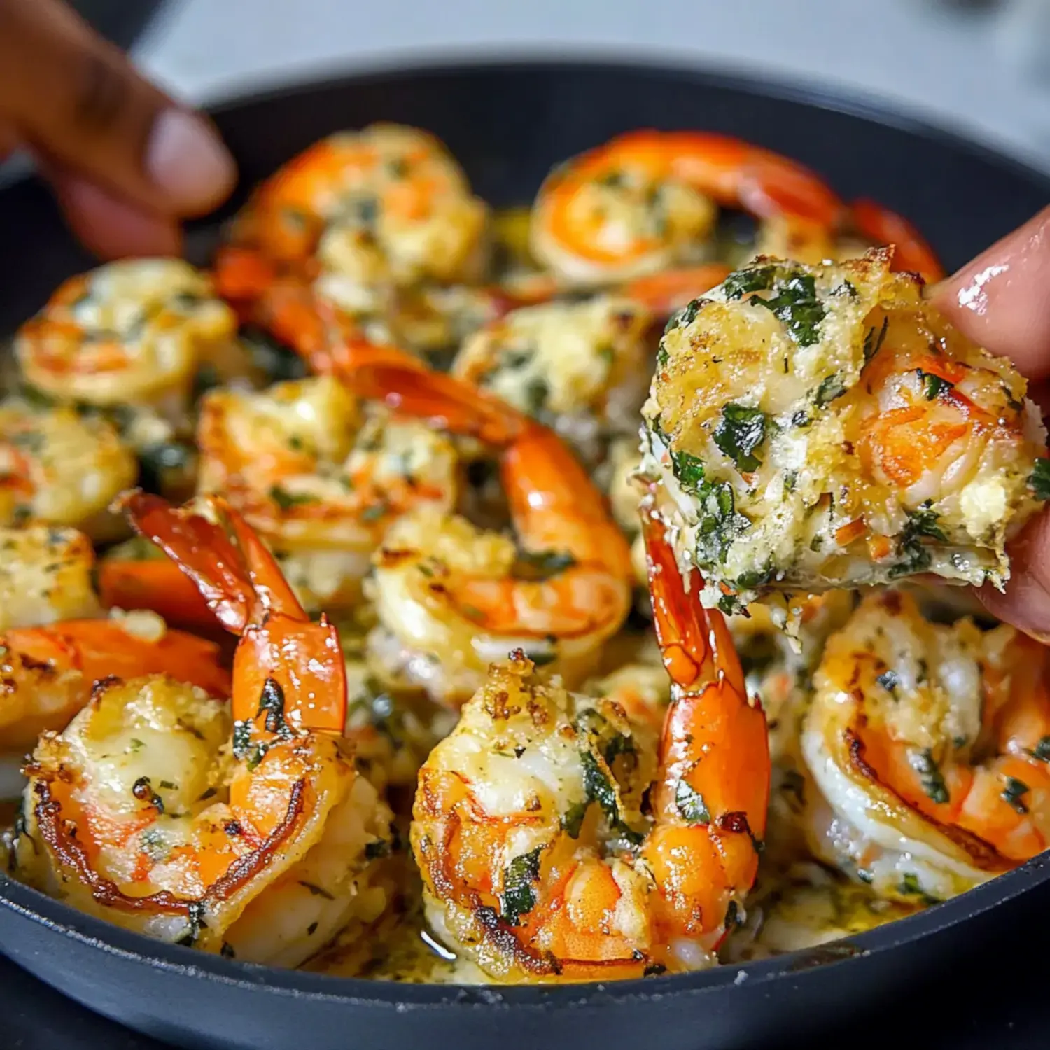 A hand holds a piece of cooked shrimp with herbs and seasoning, above a pan filled with more shrimp.