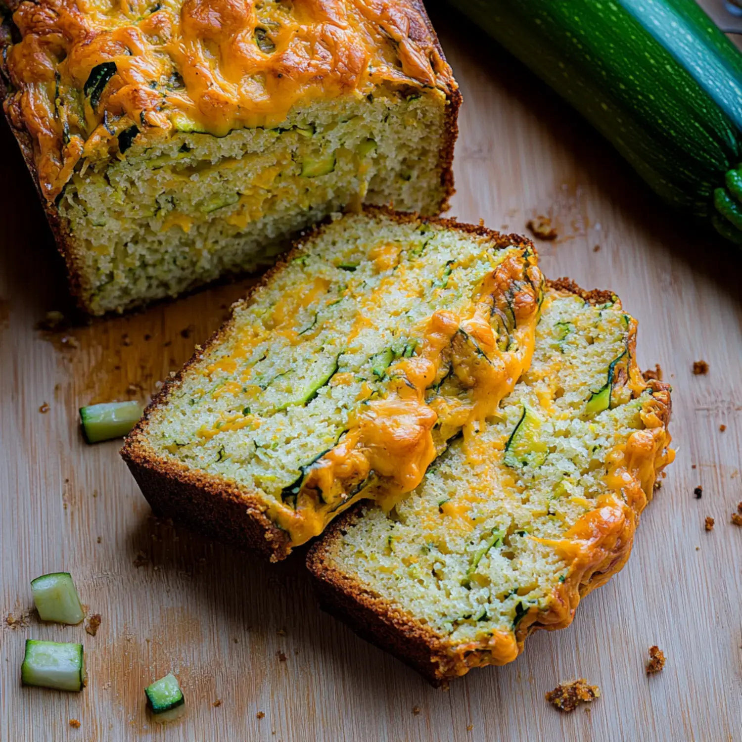 A freshly baked zucchini bread is sliced, revealing a moist interior with melted cheese on top, alongside a whole zucchini.