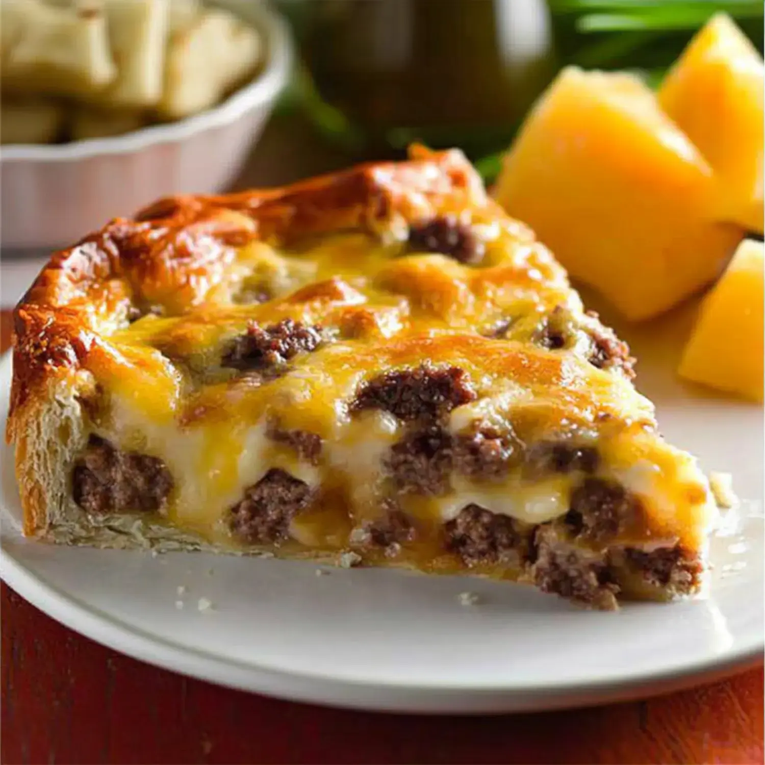 A slice of savory beef casserole topped with melted cheese, served alongside yellow melon cubes.