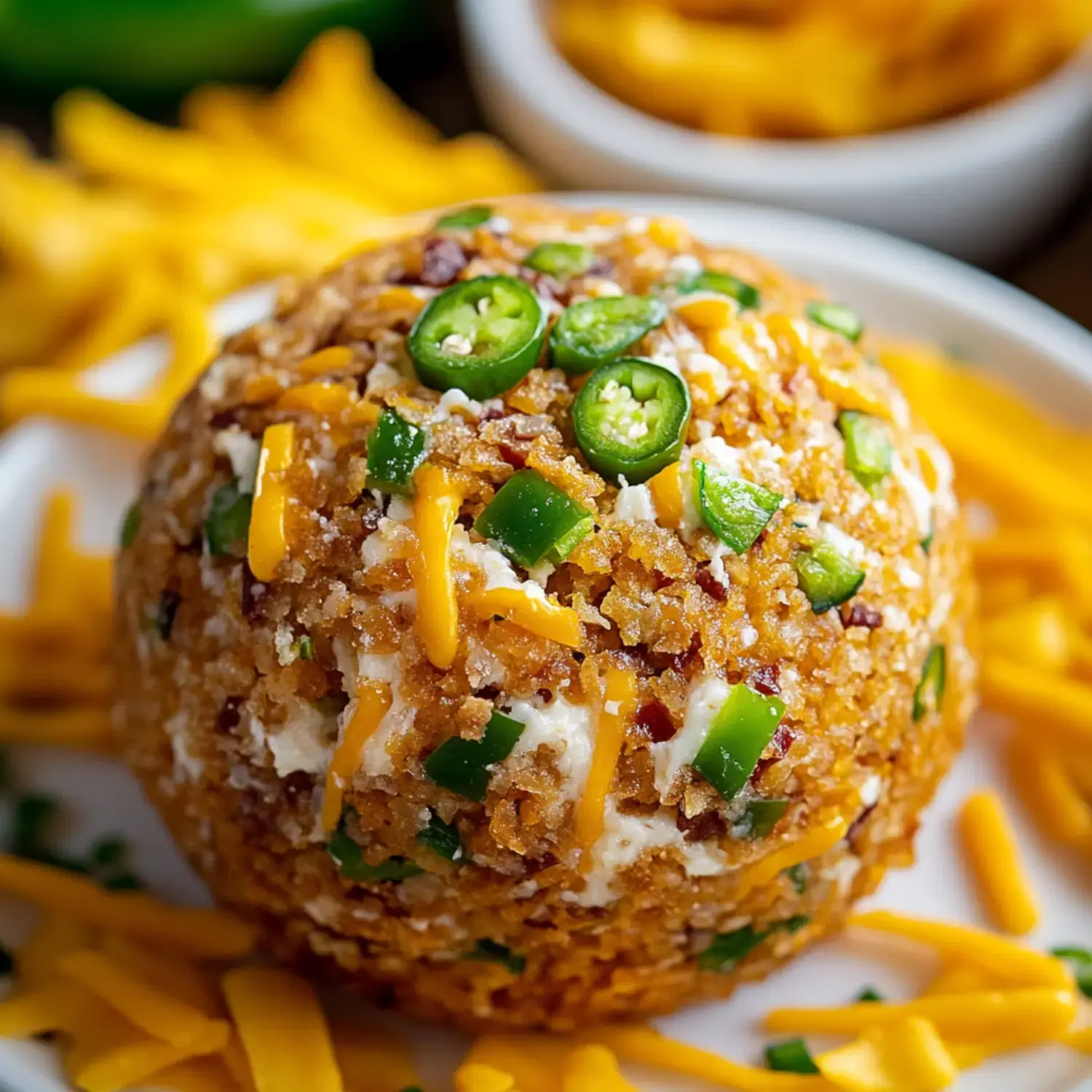 A round cheese ball coated with crispy bits, topped with sliced green onions and surrounded by shredded cheese.