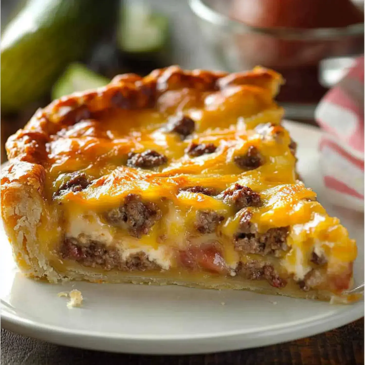 A close-up of a slice of savory pie filled with ground beef and topped with melted cheese on a white plate.