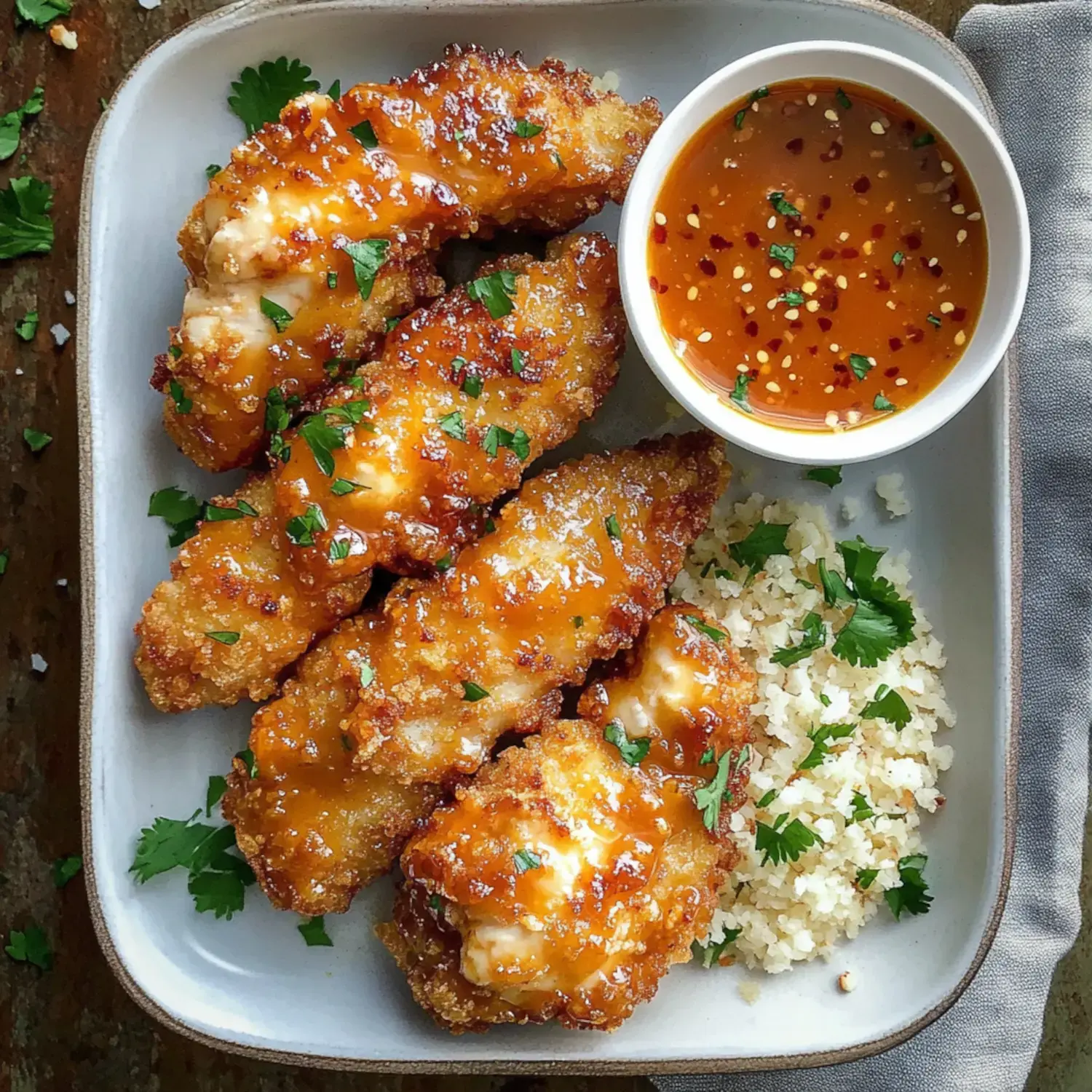 A plate of crispy fried chicken pieces drizzled with a glossy sauce, accompanied by a bowl of dipping sauce and a side of cauliflower rice garnished with fresh herbs.