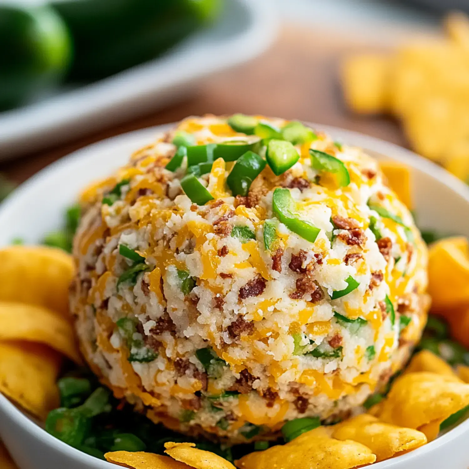 A cheese ball coated with chopped green onions and surrounded by crunchy snacks.