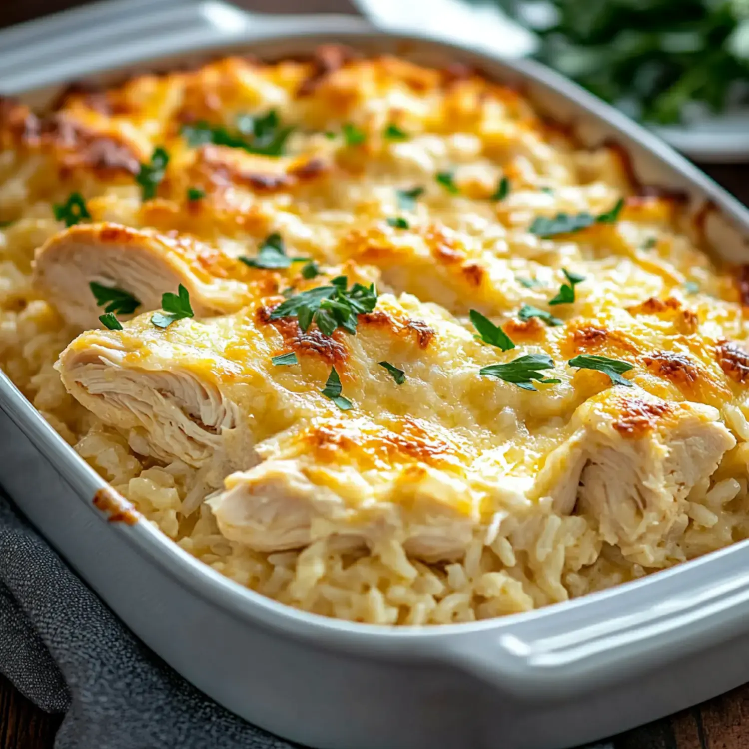 A creamy chicken and rice casserole topped with melted cheese and fresh parsley.