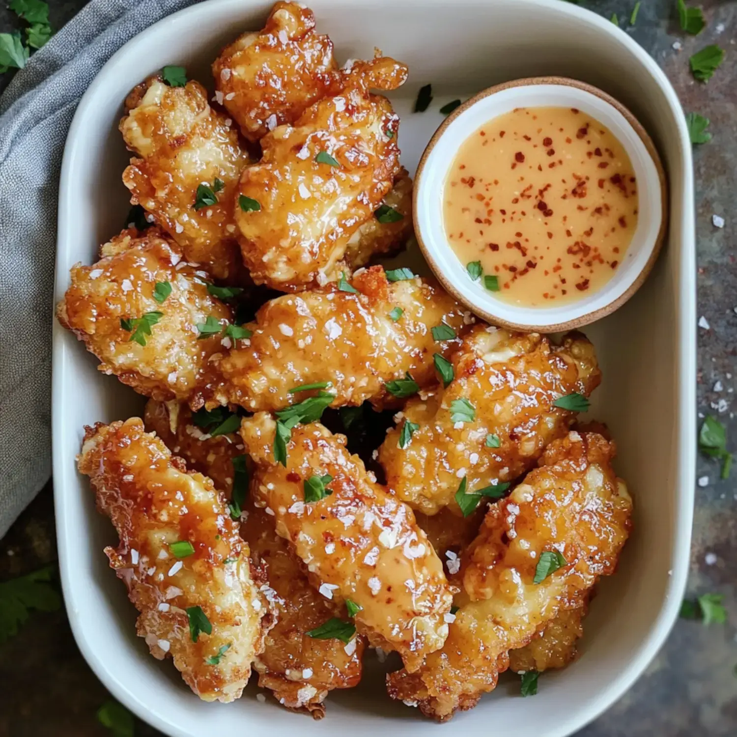 A bowl of crispy, glazed chicken wings garnished with chopped parsley, accompanied by a small dish of dipping sauce.