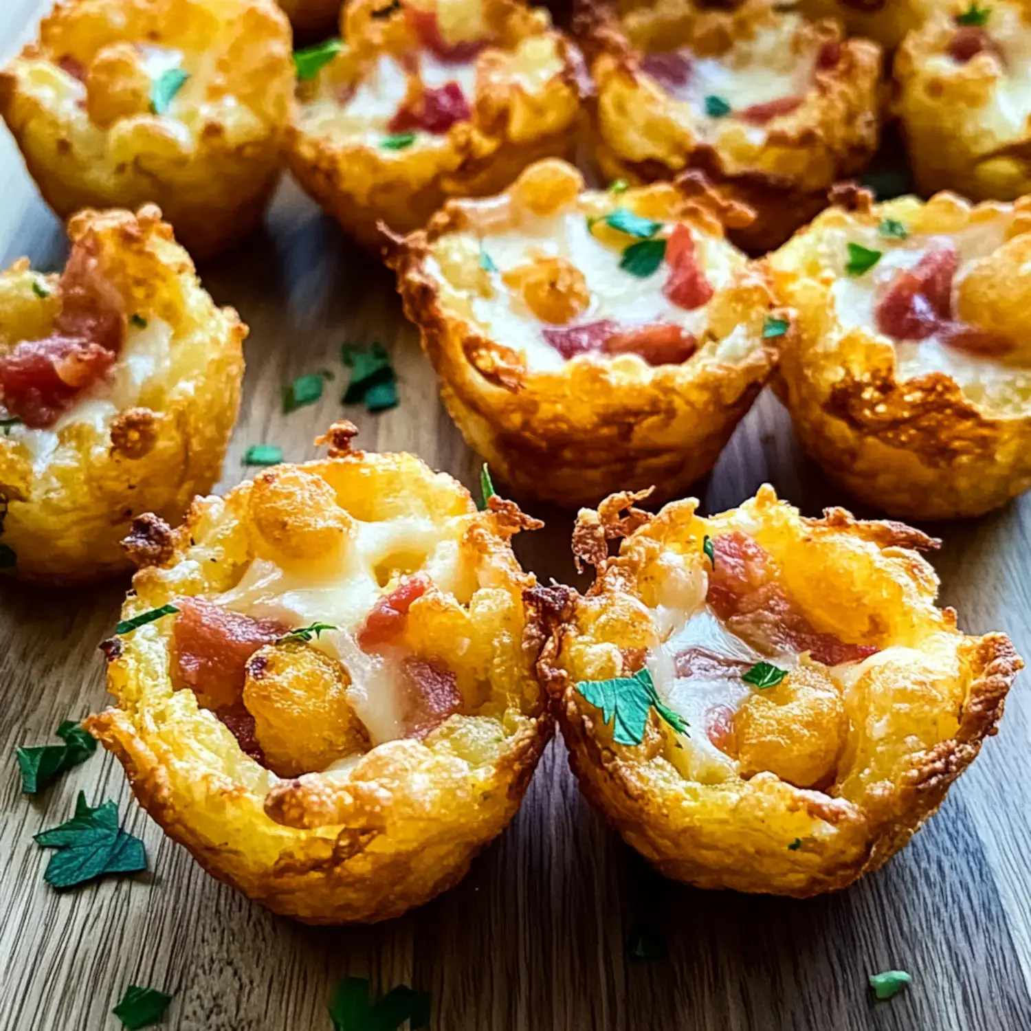 A close-up of golden-brown, crispy mini tarts filled with cheese, bacon, and garnished with parsley.