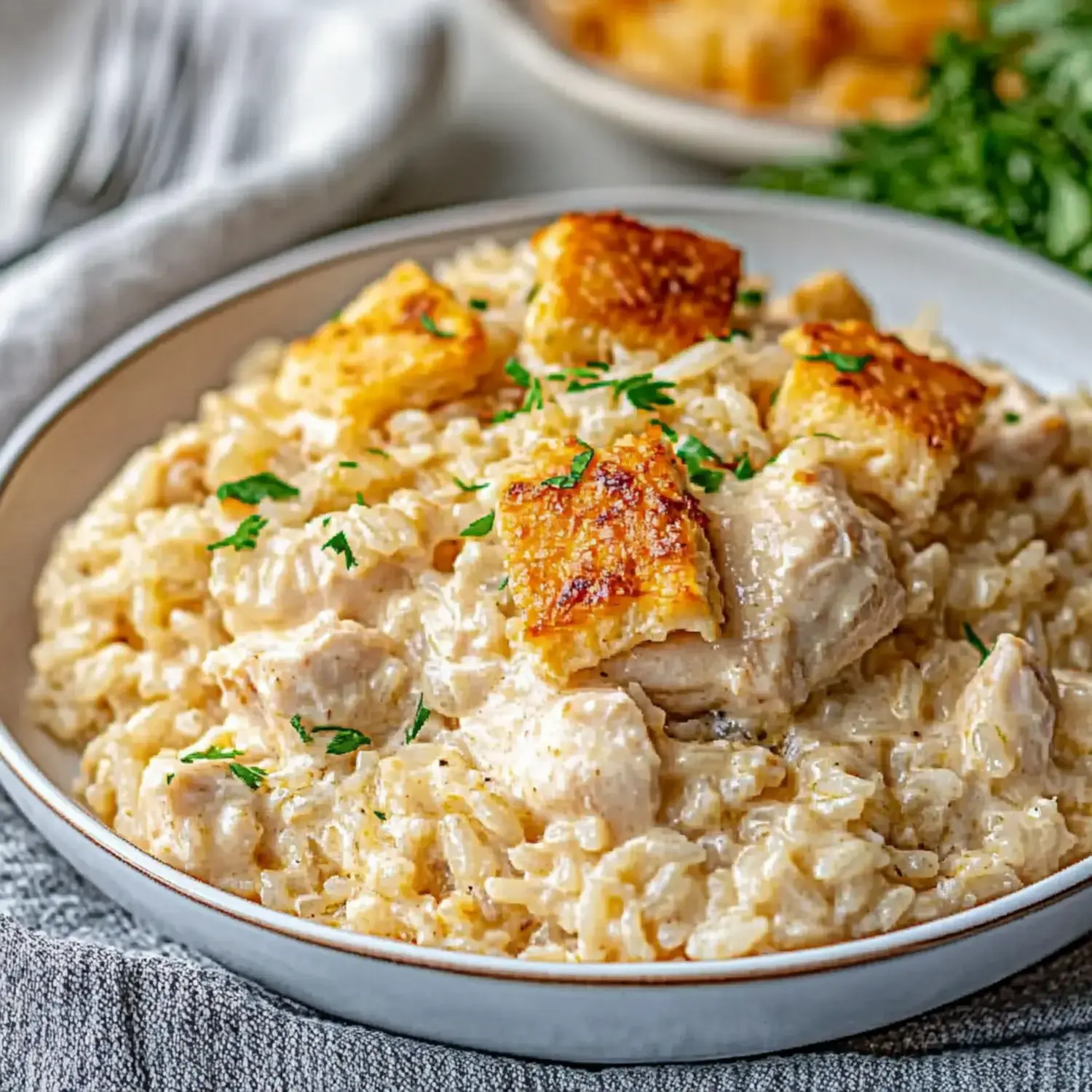 A close-up of a bowl of creamy chicken and rice, topped with toasted bread squares and garnished with parsley.