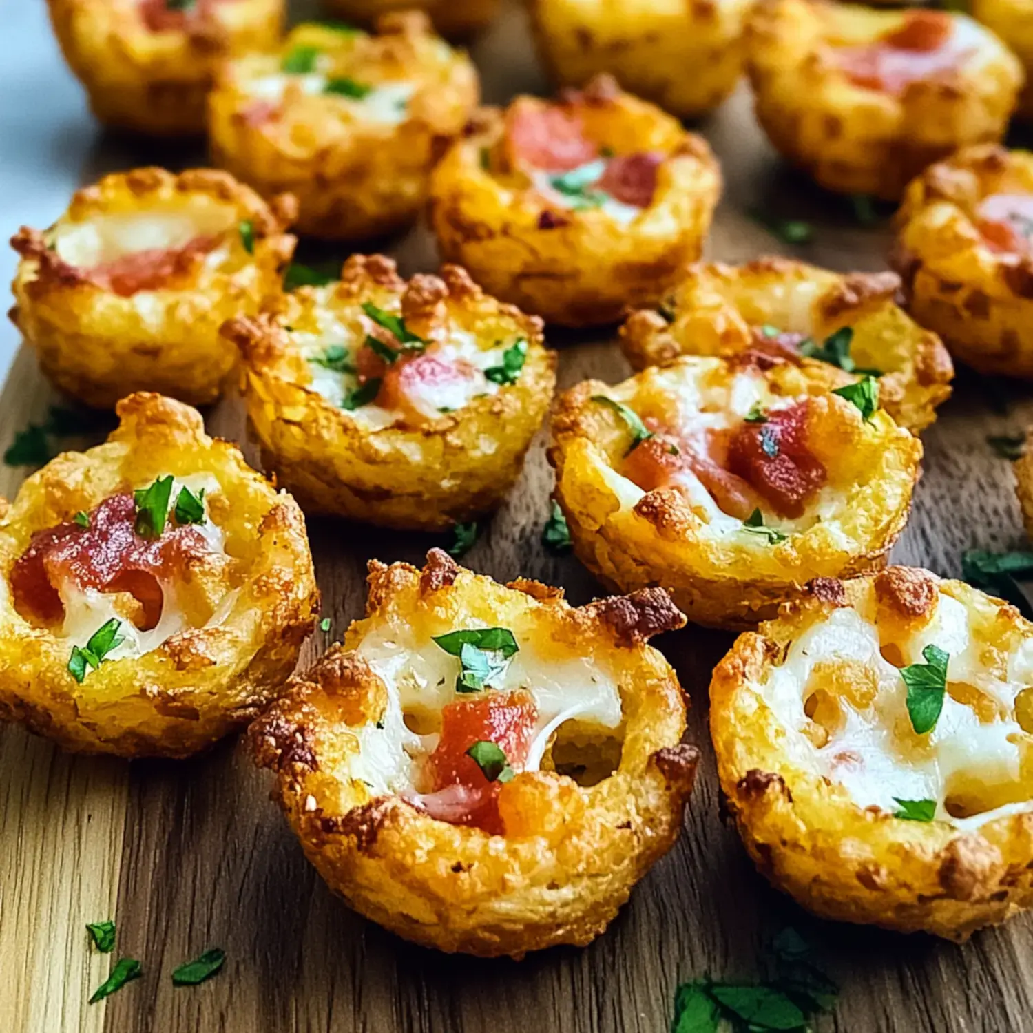 A close-up of golden, cheesy snack cups topped with diced tomatoes and green herbs arranged on a wooden board.