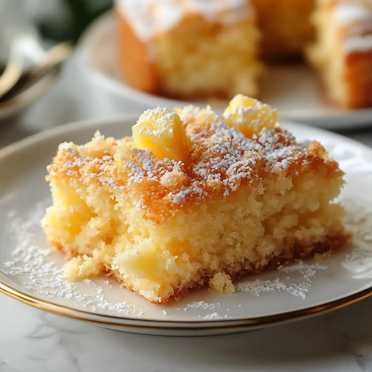 A slice of moist, yellow cake topped with powdered sugar and chunks of pineapple on a decorative plate.