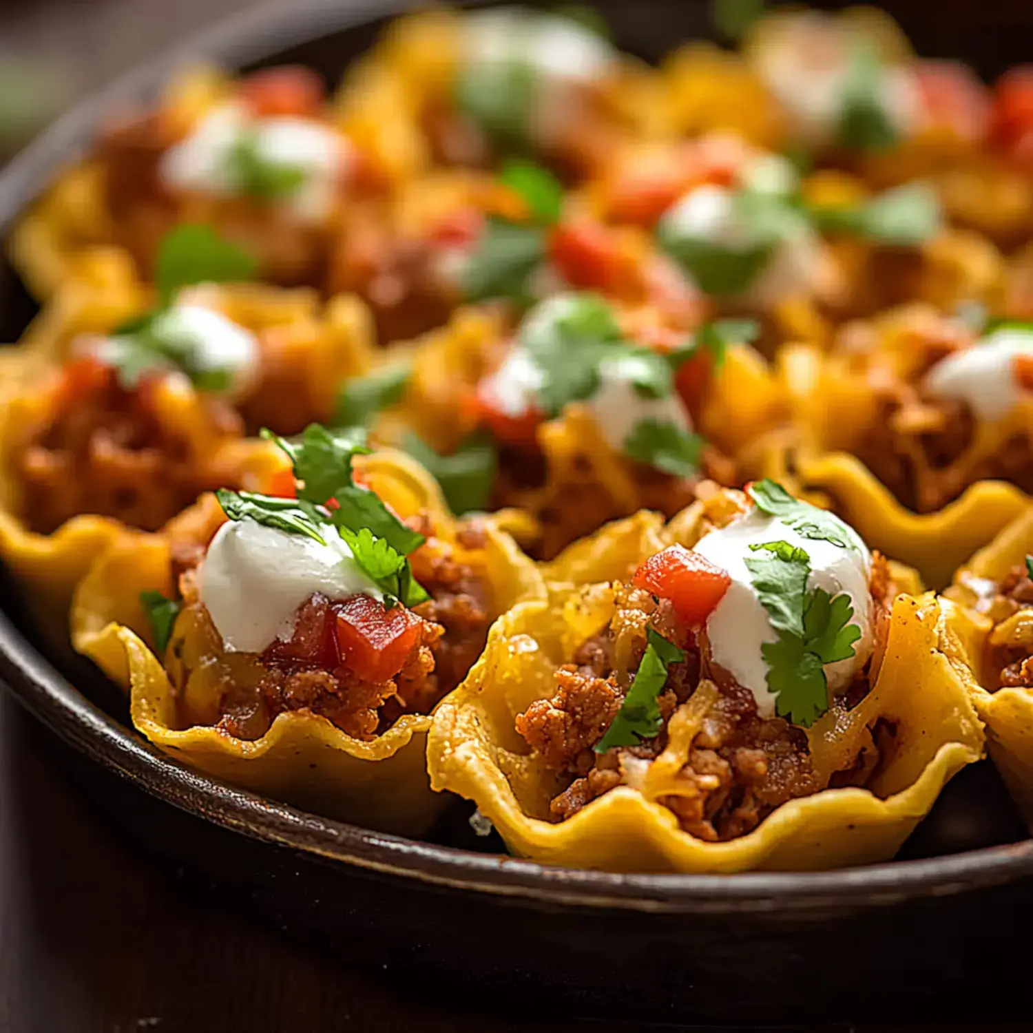 A close-up view of mini taco cups filled with seasoned meat, topped with sour cream, diced tomatoes, and fresh cilantro.