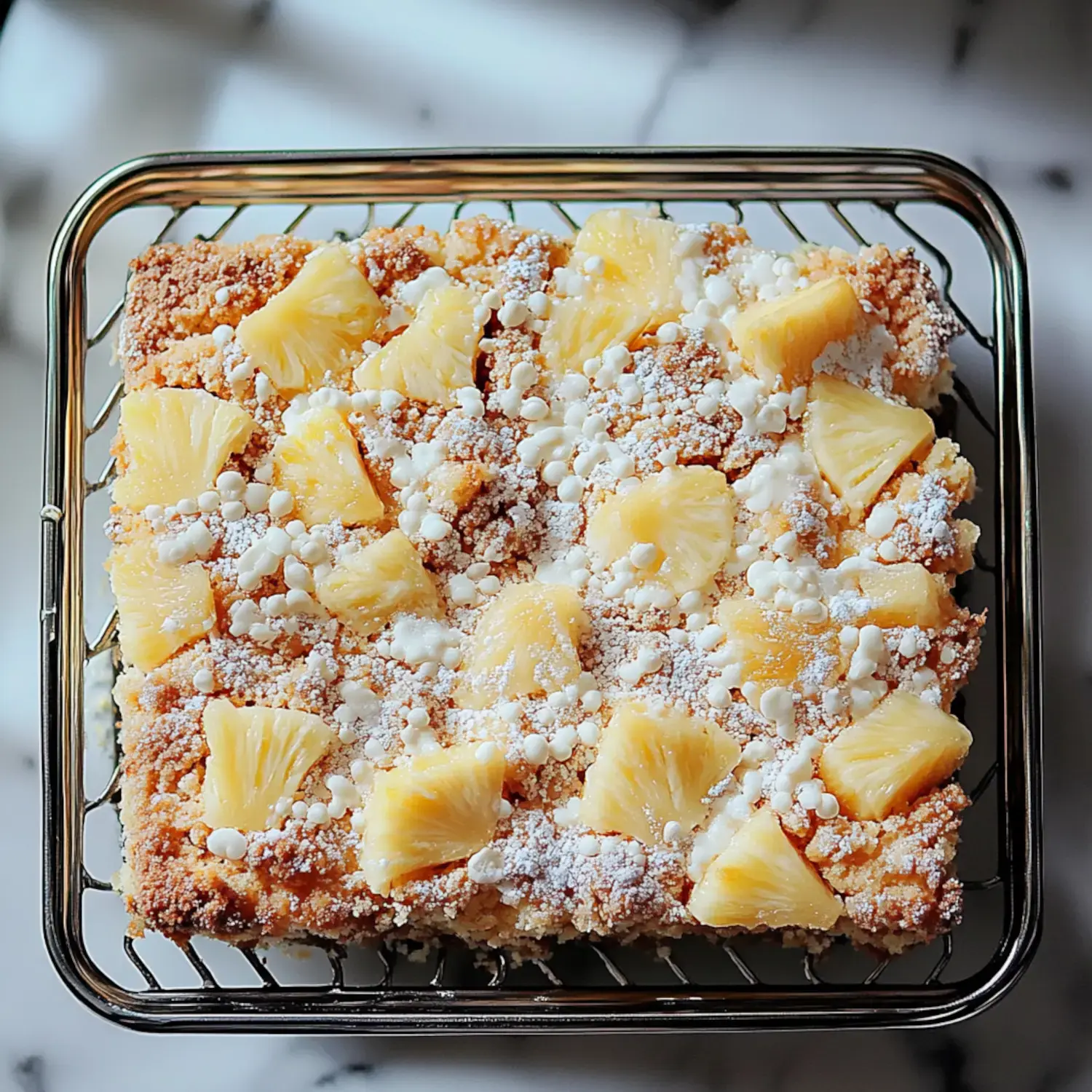 A square cake topped with pineapple chunks and white frosting drizzles, displayed in a wire basket.