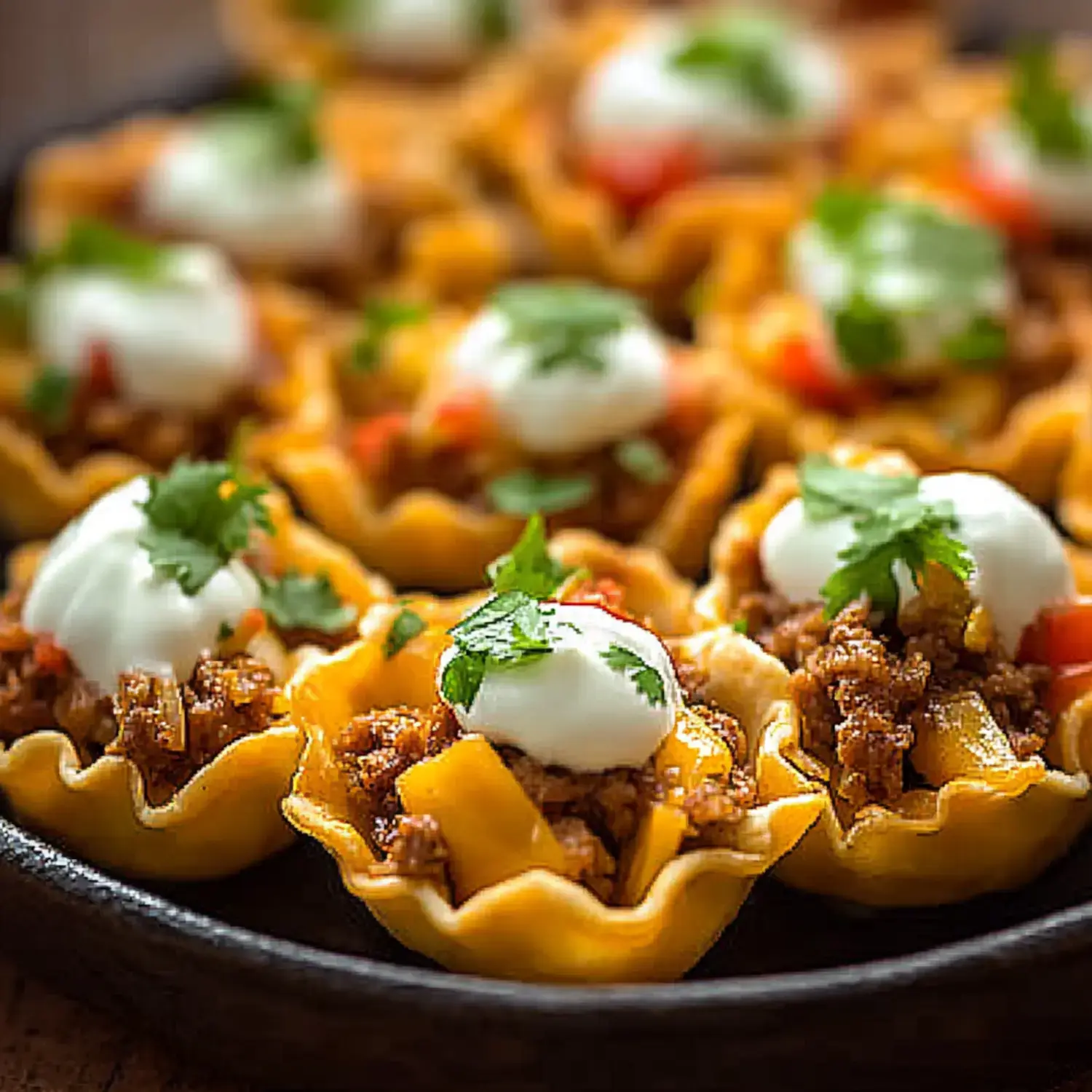 A platter of miniature taco cups filled with seasoned meat, diced vegetables, topped with sour cream and cilantro.