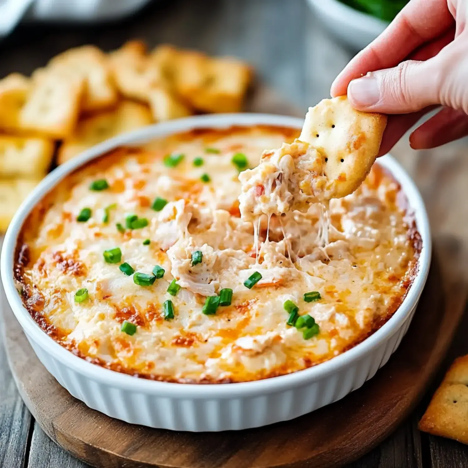 A hand dips a cracker into a cheesy, baked dip, garnished with green onions, surrounded by more crackers.