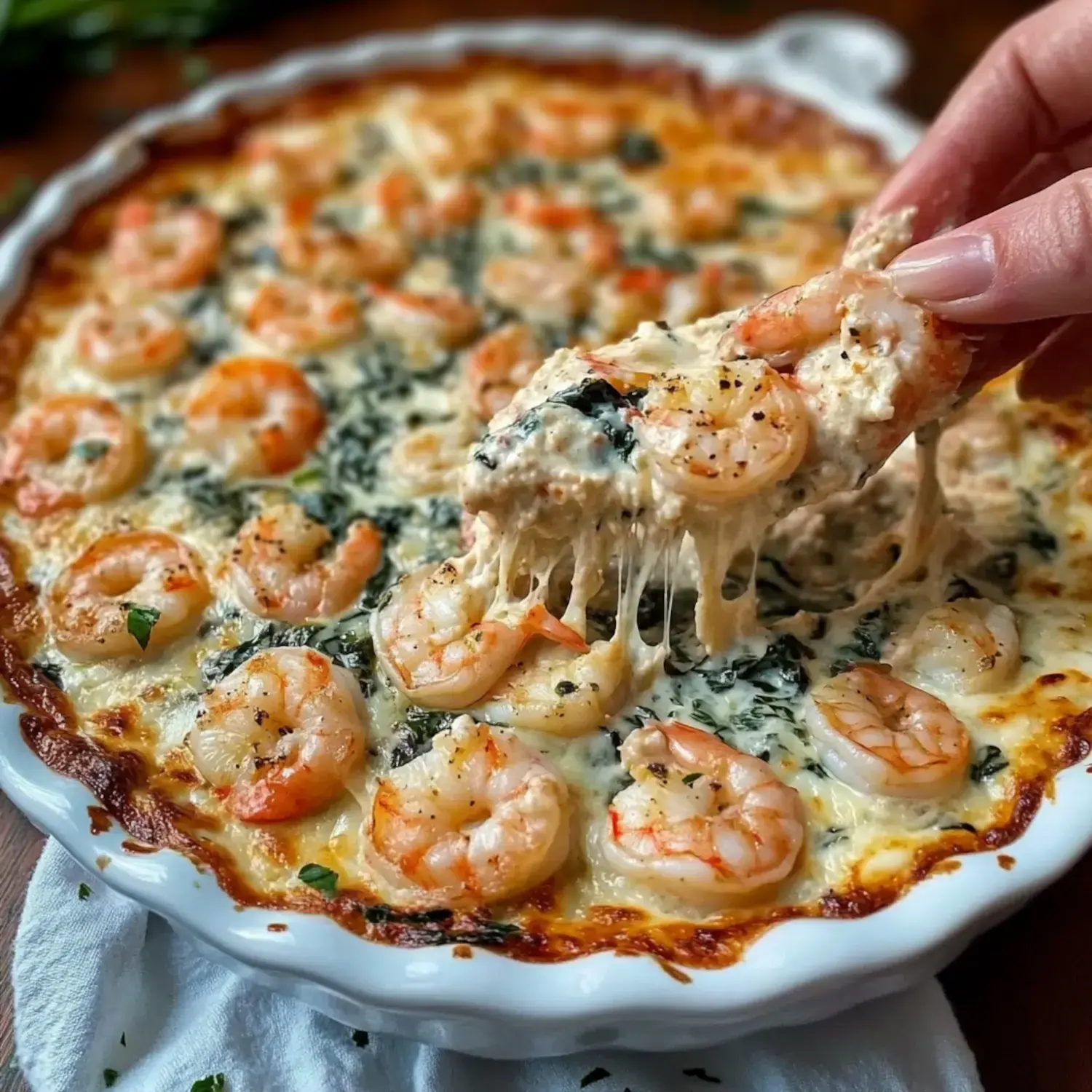 A hand lifts a cheesy shrimp and spinach dish from a white pie dish, showcasing the melted cheese and shrimp topping.