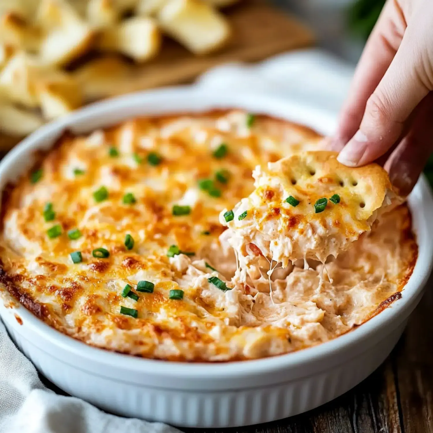 A hand is dipping a cracker into a creamy, cheesy dip garnished with green onions in a white dish, with toasted bread pieces in the background.