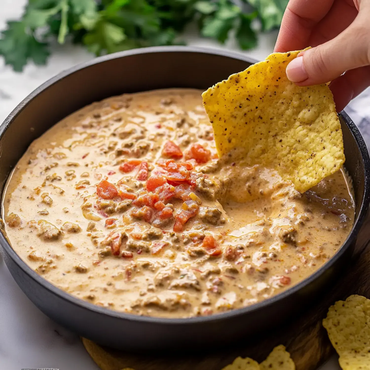 A hand dips a tortilla chip into a smooth, cheesy dip with ground beef and diced tomatoes in a black bowl, surrounded by cilantro and chips.