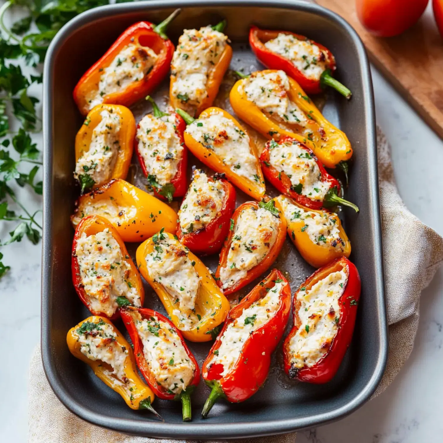 A baking dish filled with stuffed mini bell peppers in red and yellow, topped with a creamy filling and sprinkled with herbs.