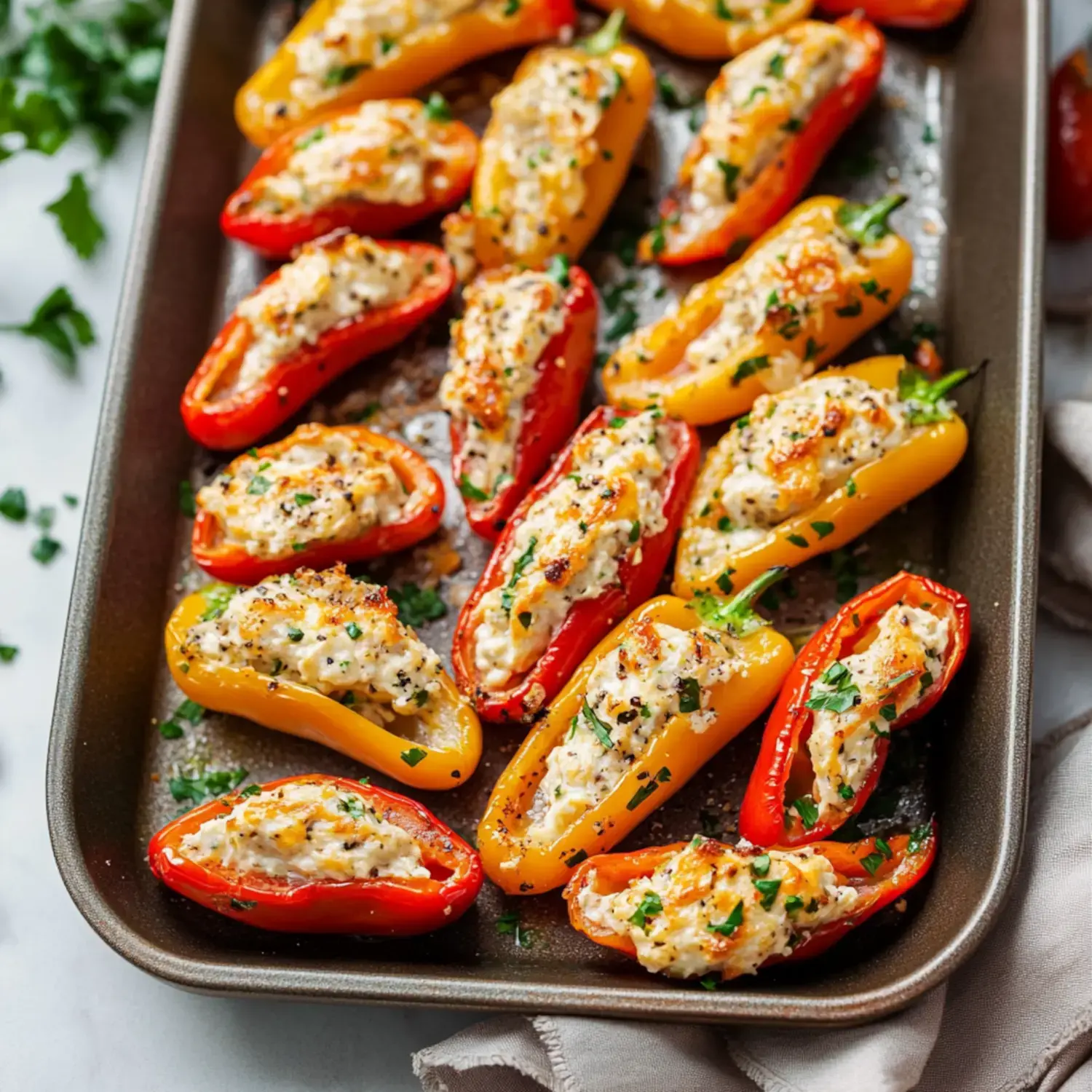 A tray of colorful mini bell peppers stuffed with a creamy filling and garnished with herbs.