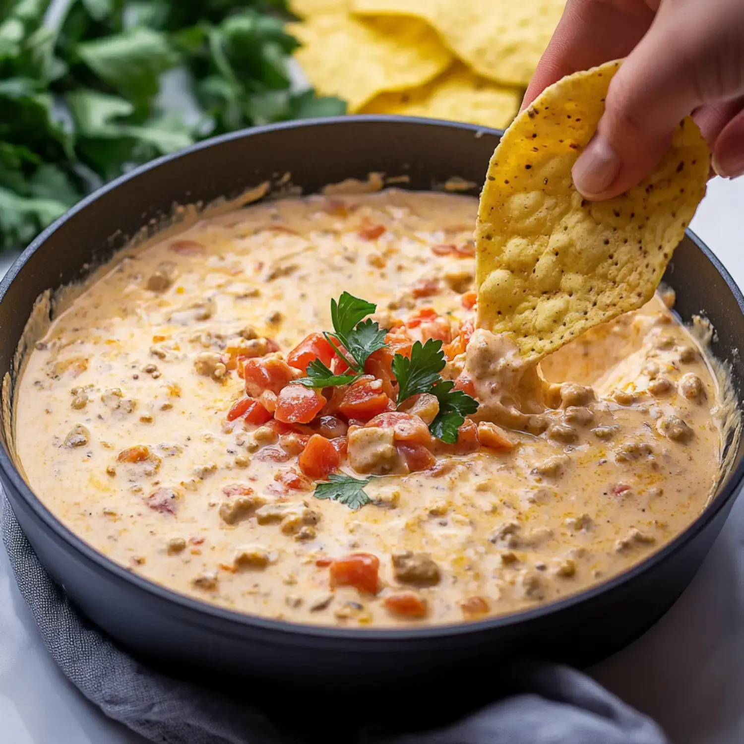 A hand dips a tortilla chip into a creamy dip topped with diced tomatoes and parsley, with more chips and cilantro in the background.