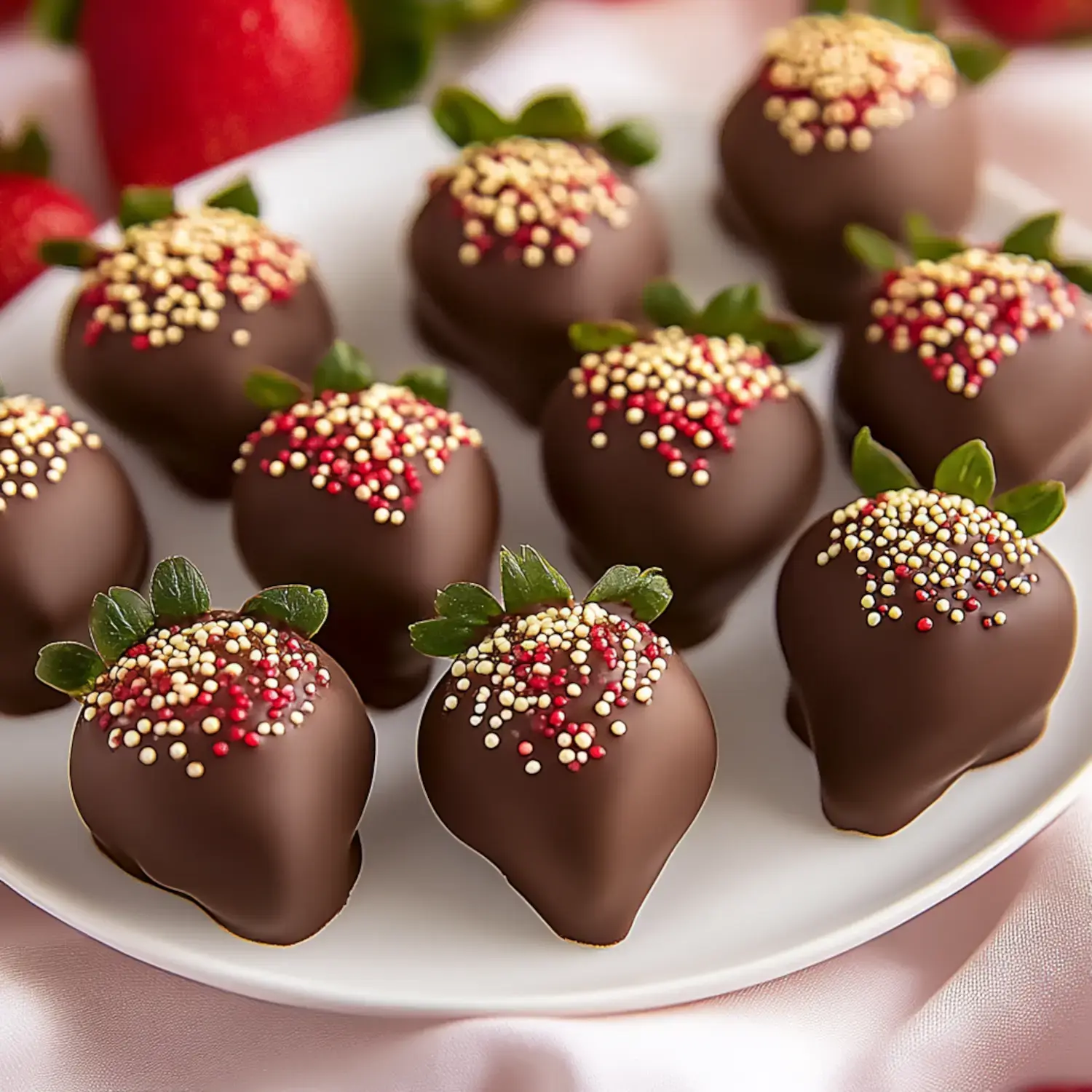 A plate of chocolate-covered strawberries decorated with colorful sprinkles.