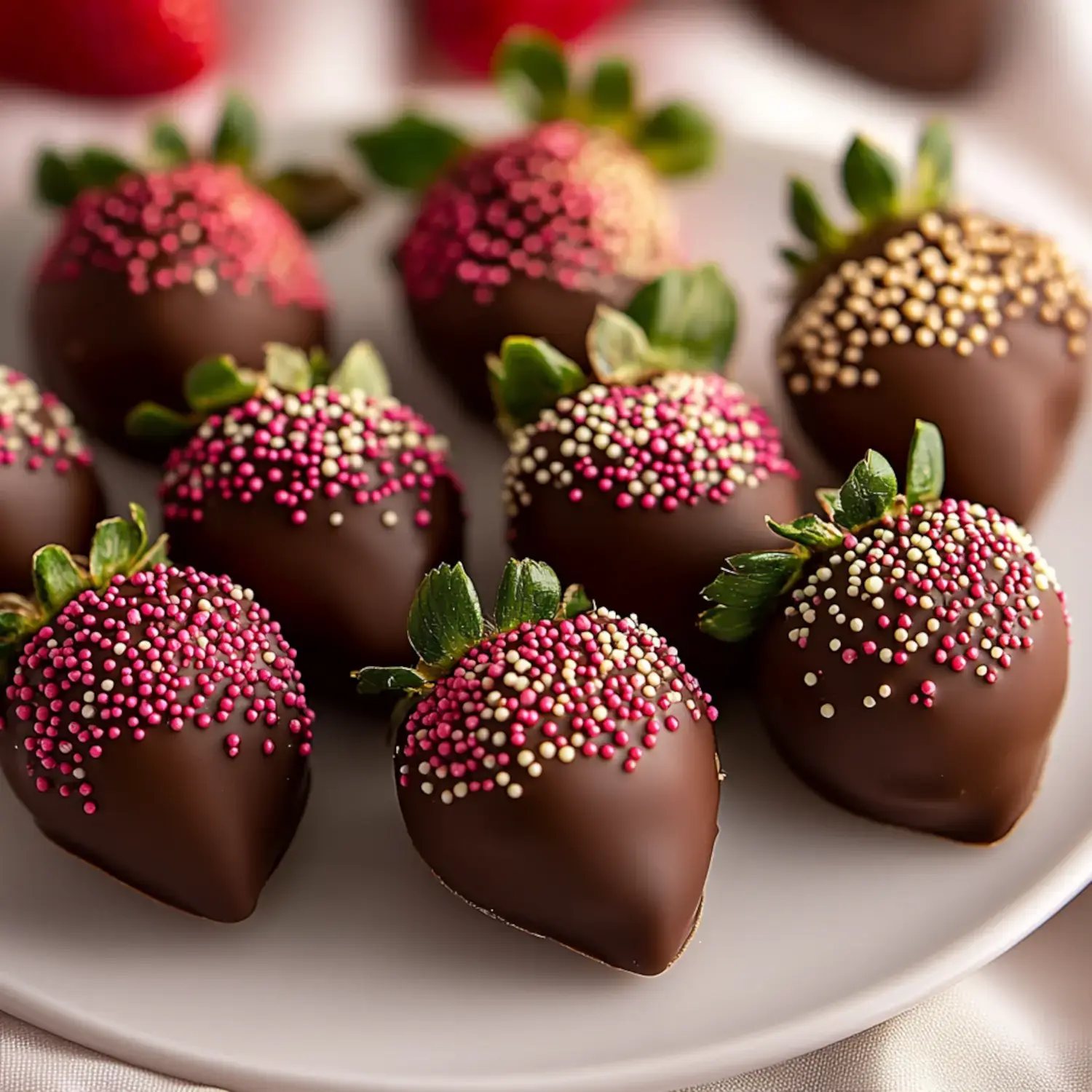 A plate of chocolate-covered strawberries adorned with colorful sprinkles.