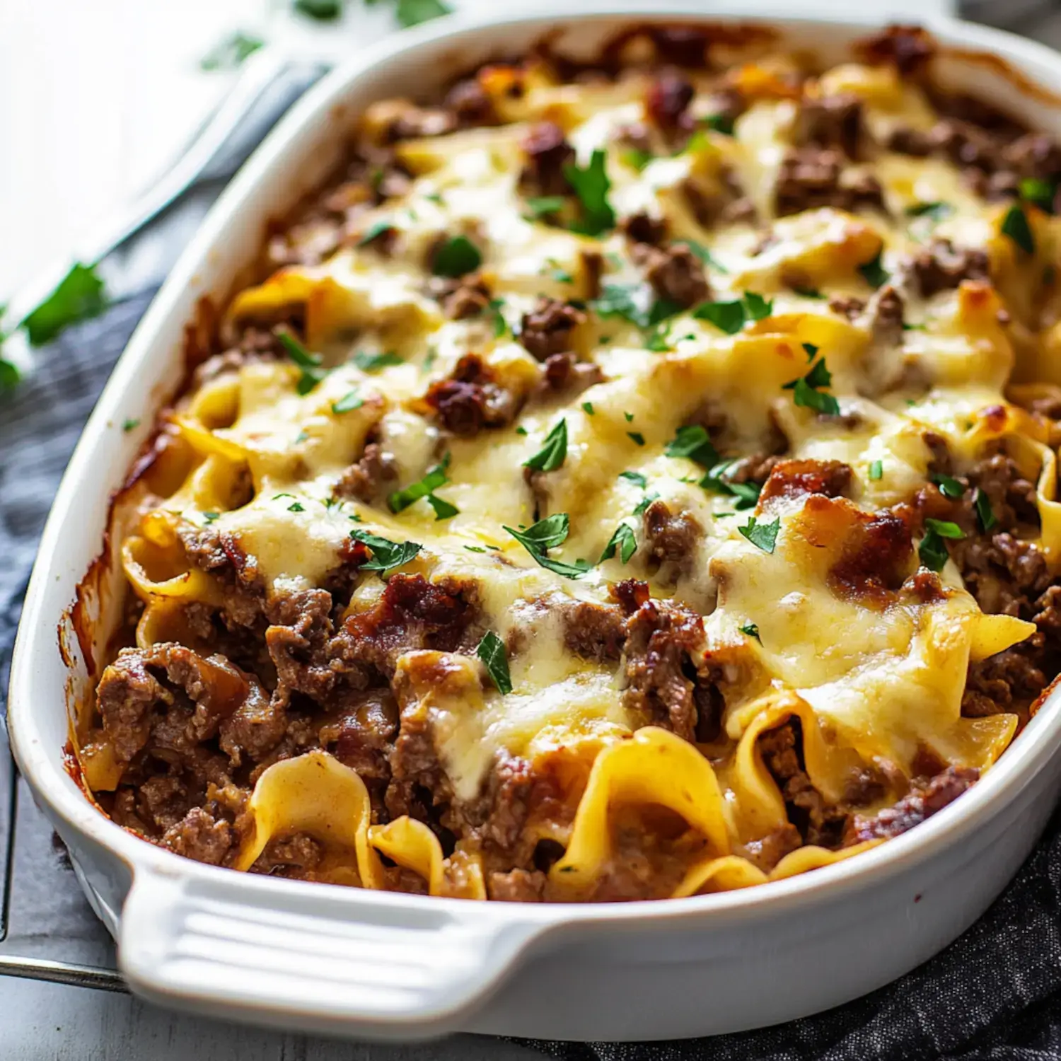 A baked pasta dish with layers of egg noodles, ground beef, and melted cheese, garnished with fresh parsley.