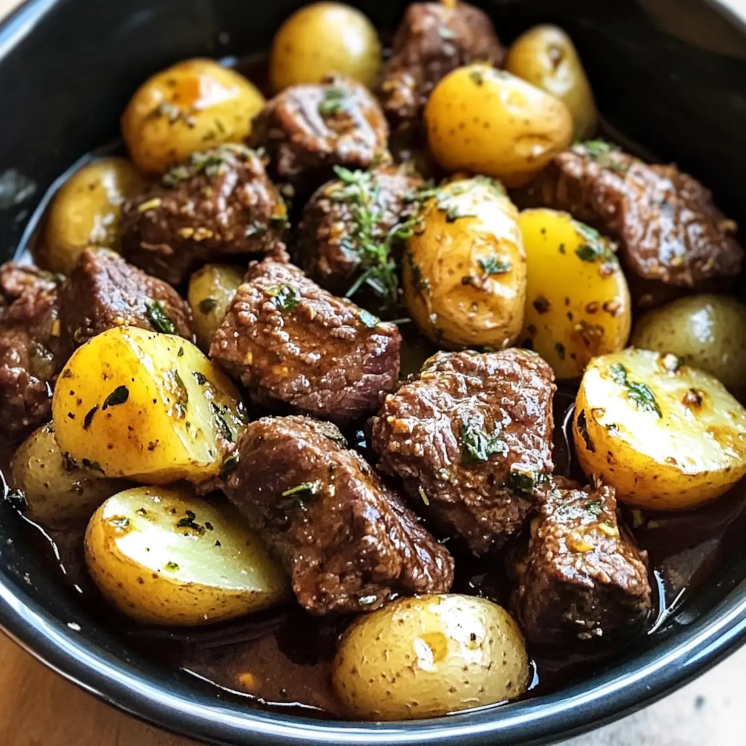 A bowl of tender beef cubes and golden potatoes garnished with herbs in a savory sauce.