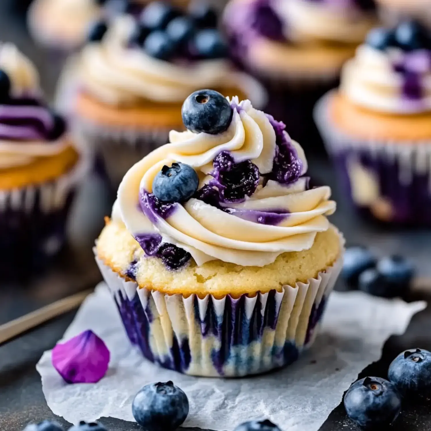 A close-up of a blueberry cupcake topped with swirls of cream cheese frosting and fresh blueberries, resting on a piece of parchment paper.