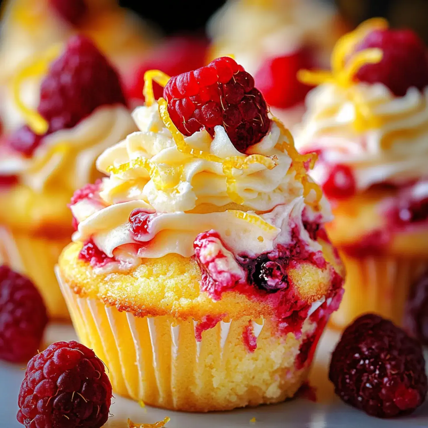 A close-up image of vanilla cupcakes topped with swirls of cream, fresh raspberries, and lemon zest.