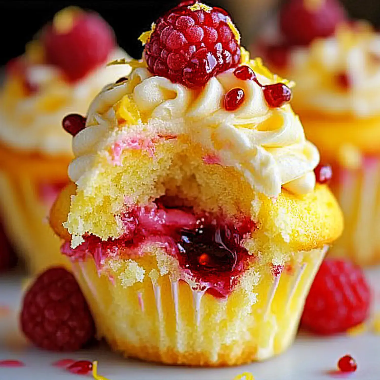 A close-up of a cupcake with a bitten piece revealing a raspberry filling, topped with creamy frosting and fresh raspberries.