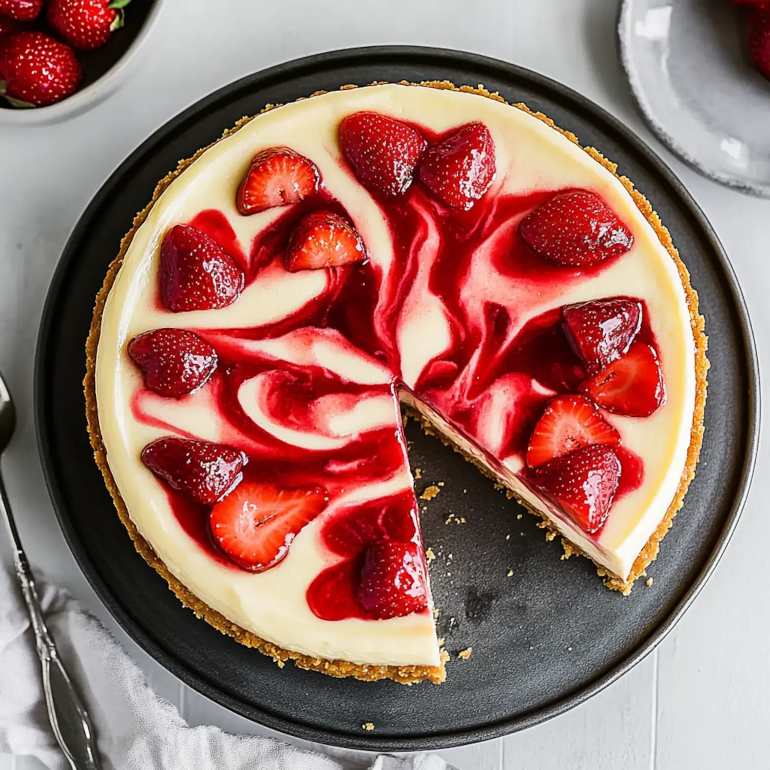 A creamy cheesecake topped with a glossy strawberry sauce and fresh strawberries, with a slice removed, sits on a black plate.