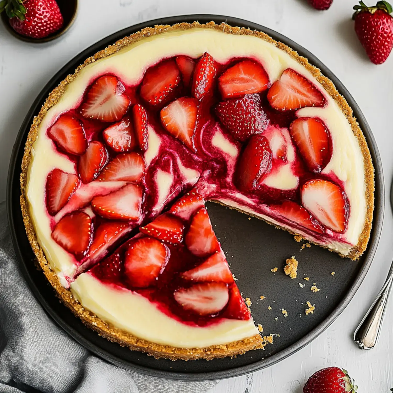 A sliced strawberry cheesecake topped with fresh strawberries and a glossy red sauce on a dark plate.