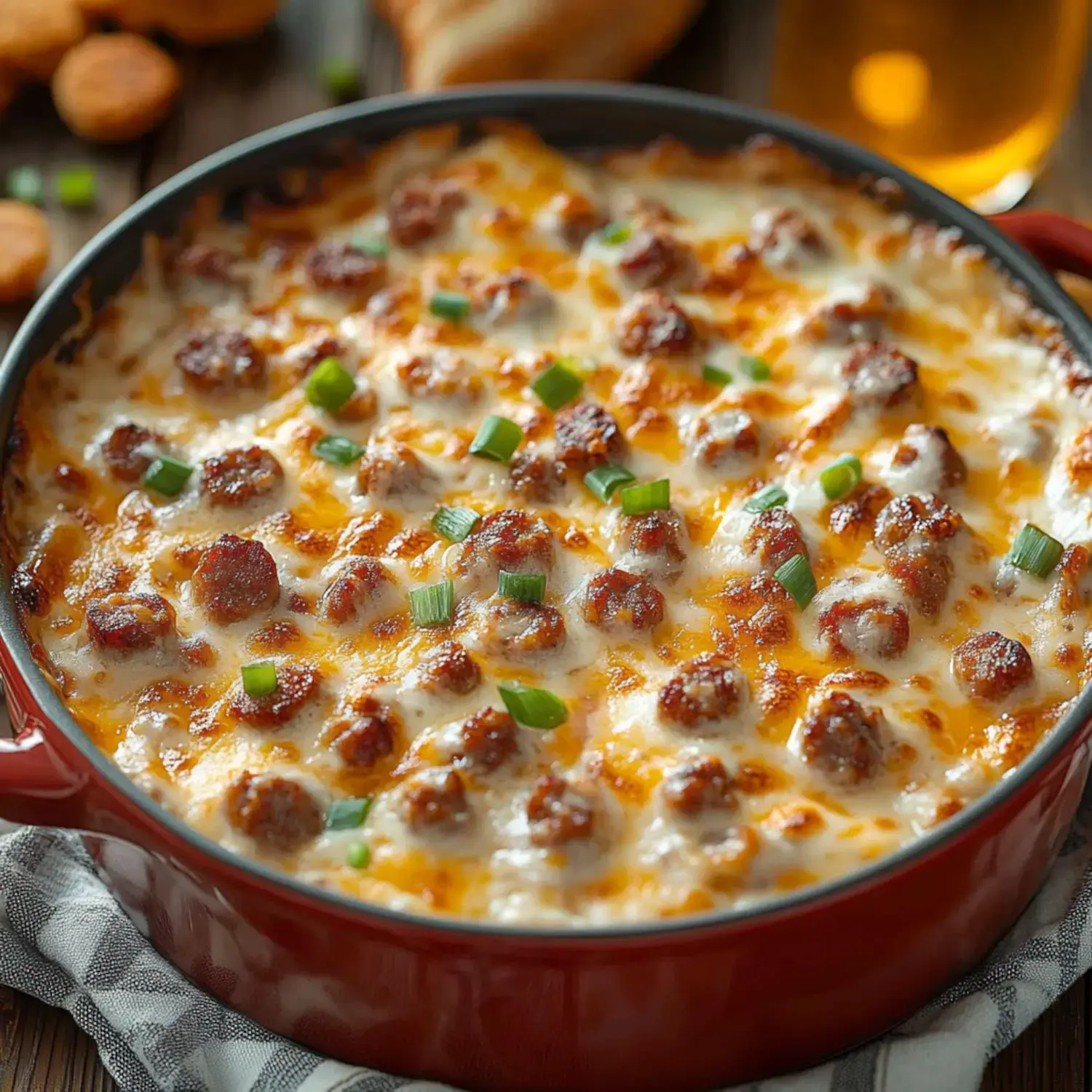 A close-up of a cheesy baked dish with meatballs and green onions, served in a red casserole dish.