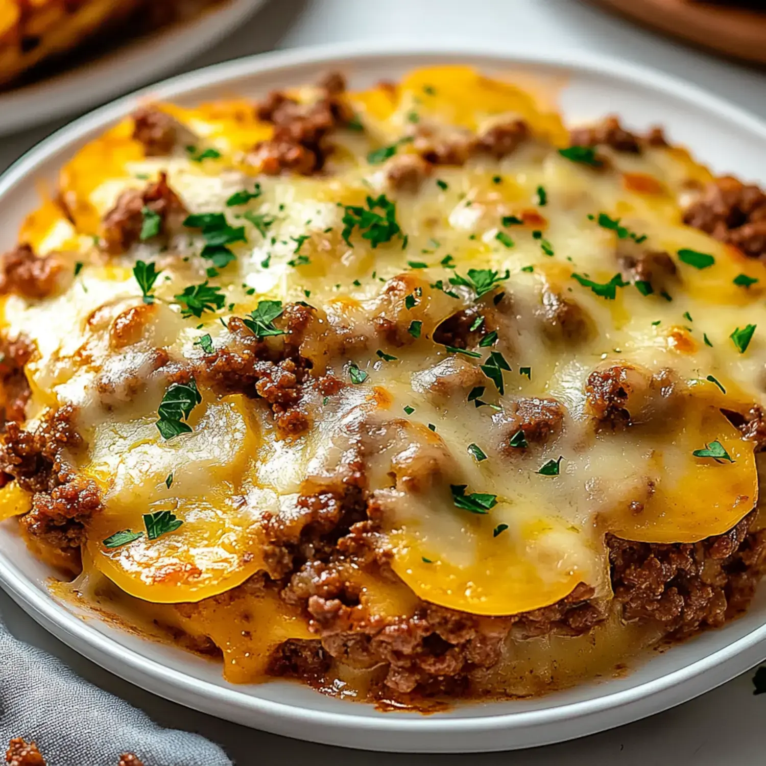 A baked dish featuring layers of ground beef, cheese, and golden pasta, garnished with parsley.