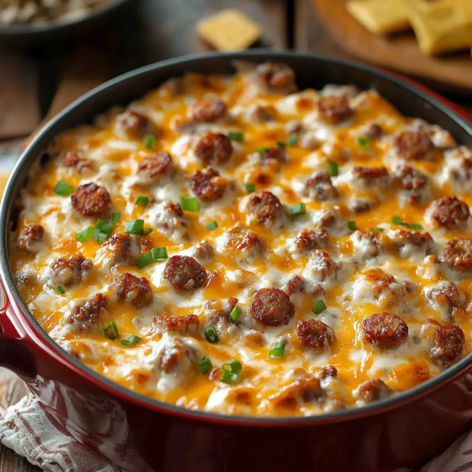 A close-up of a baked casserole topped with sausage, melted cheese, and green onions in a red dish.