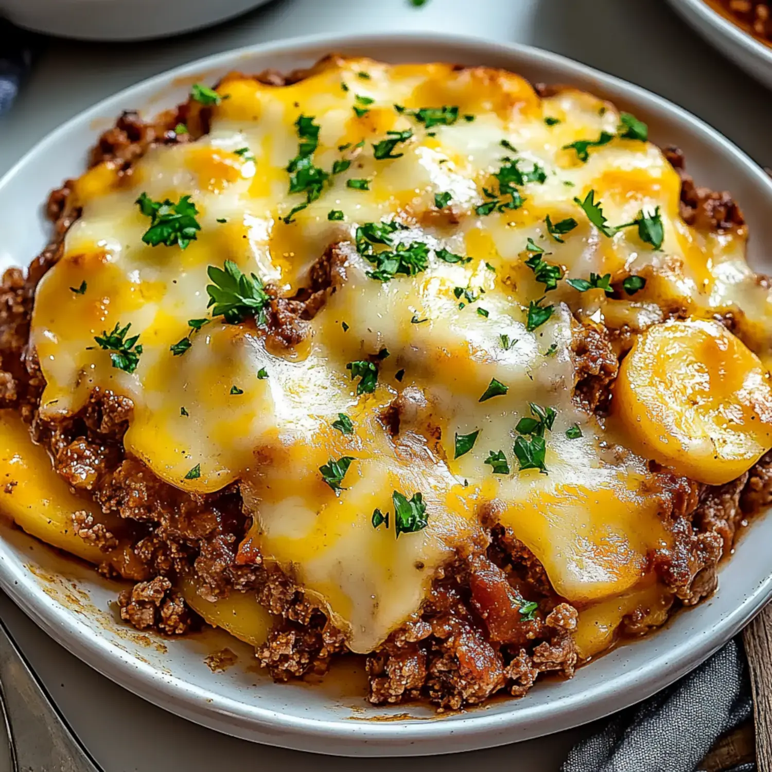 A serving of cheesy ground beef casserole topped with melted cheese and garnished with fresh parsley.