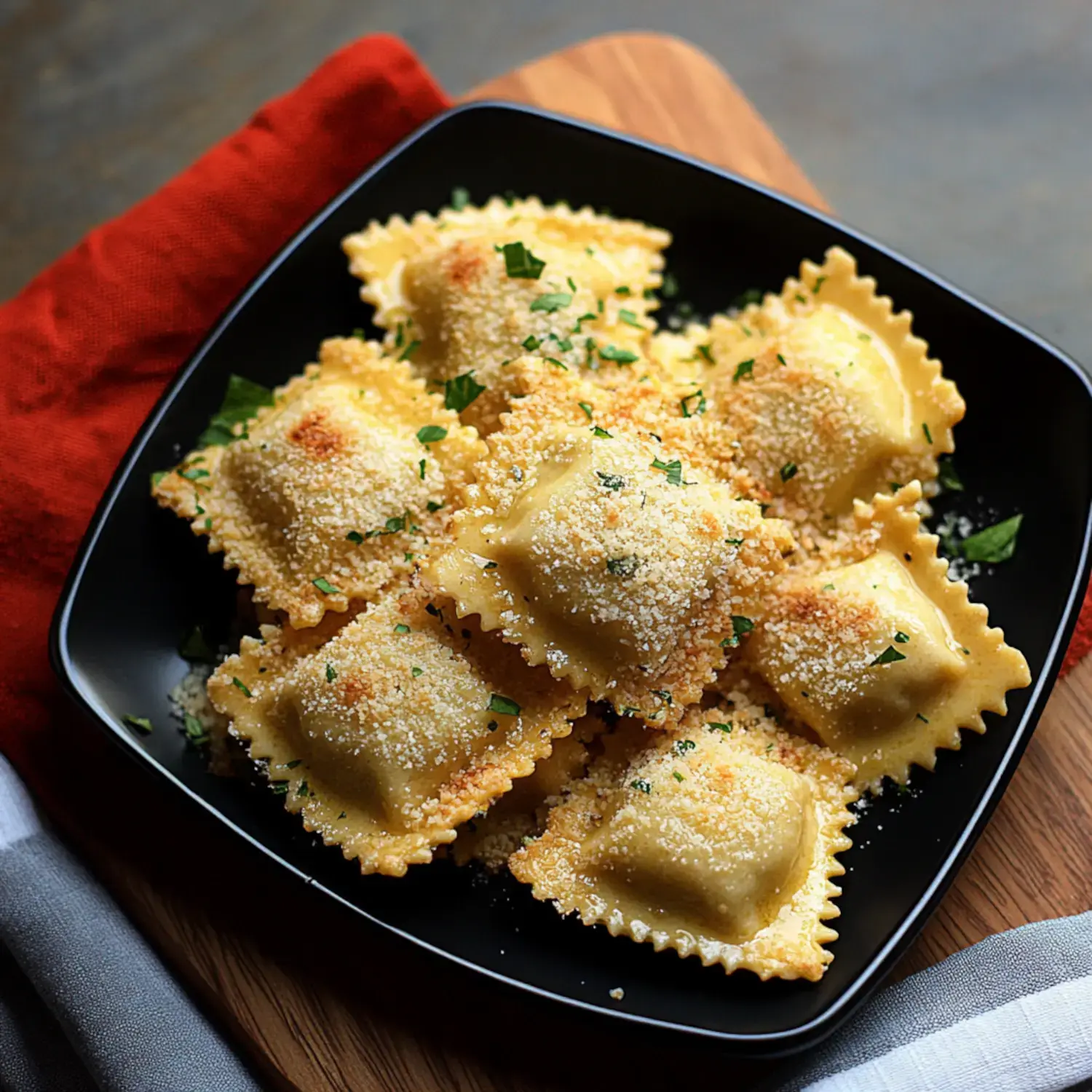 A black plate holds a stack of ravioli topped with breadcrumbs and garnished with herbs.