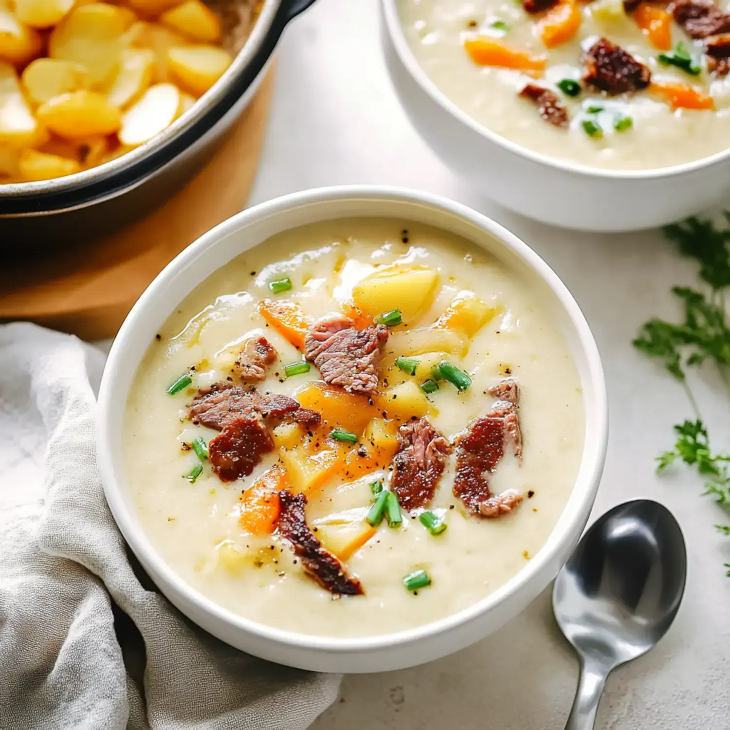 A bowl of creamy soup with diced potatoes, carrots, and pieces of beef, garnished with green onions, alongside a pot of chopped potatoes.