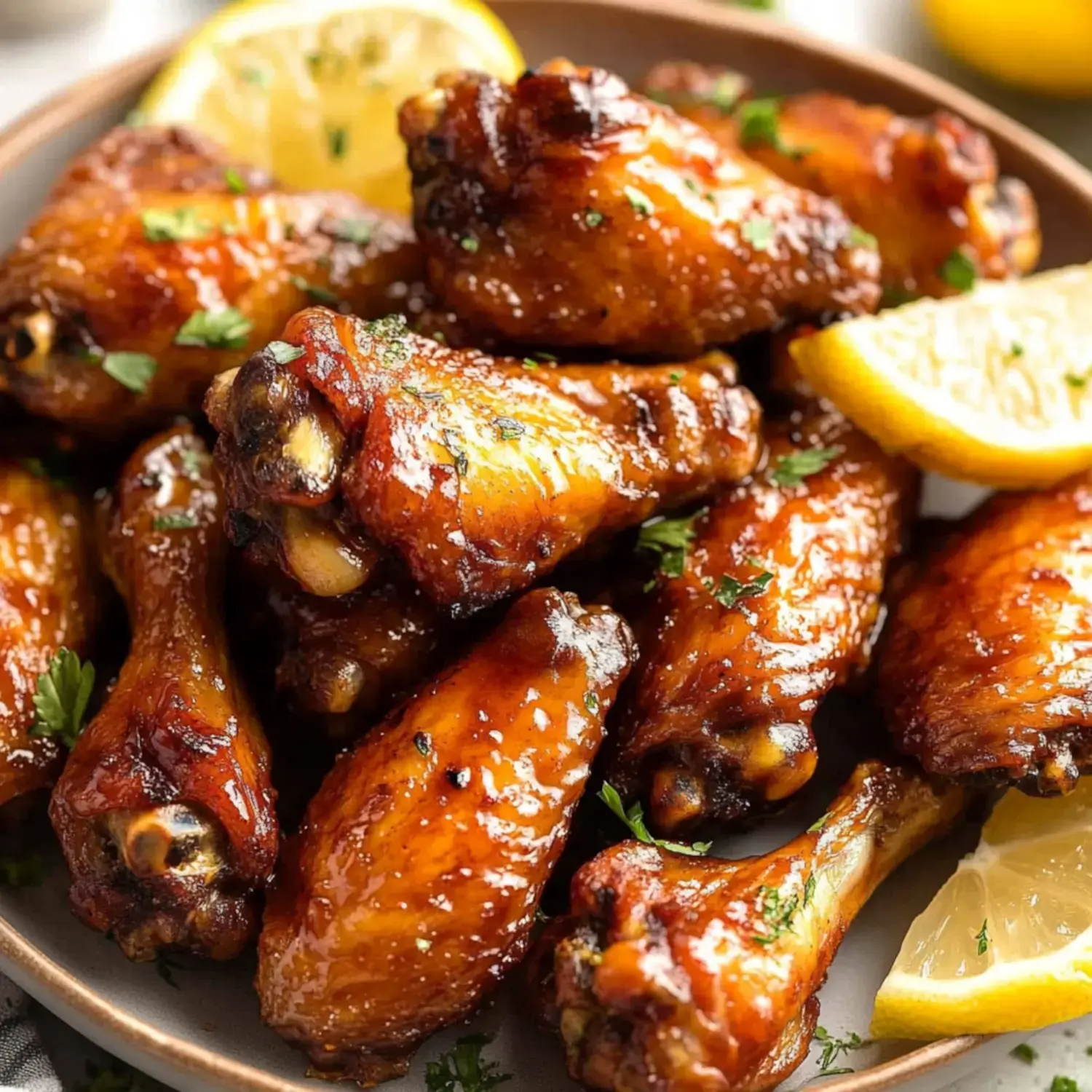 A close-up of shiny, glazed chicken wings garnished with cilantro and served with lemon wedges on a plate.