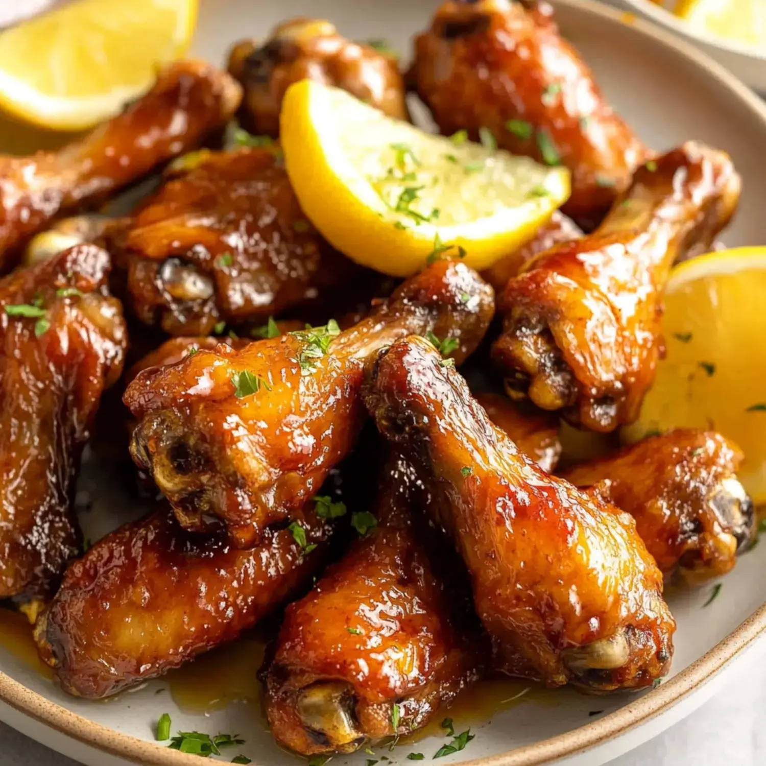 A plate of glistening chicken wings garnished with lemon slices and chopped herbs.