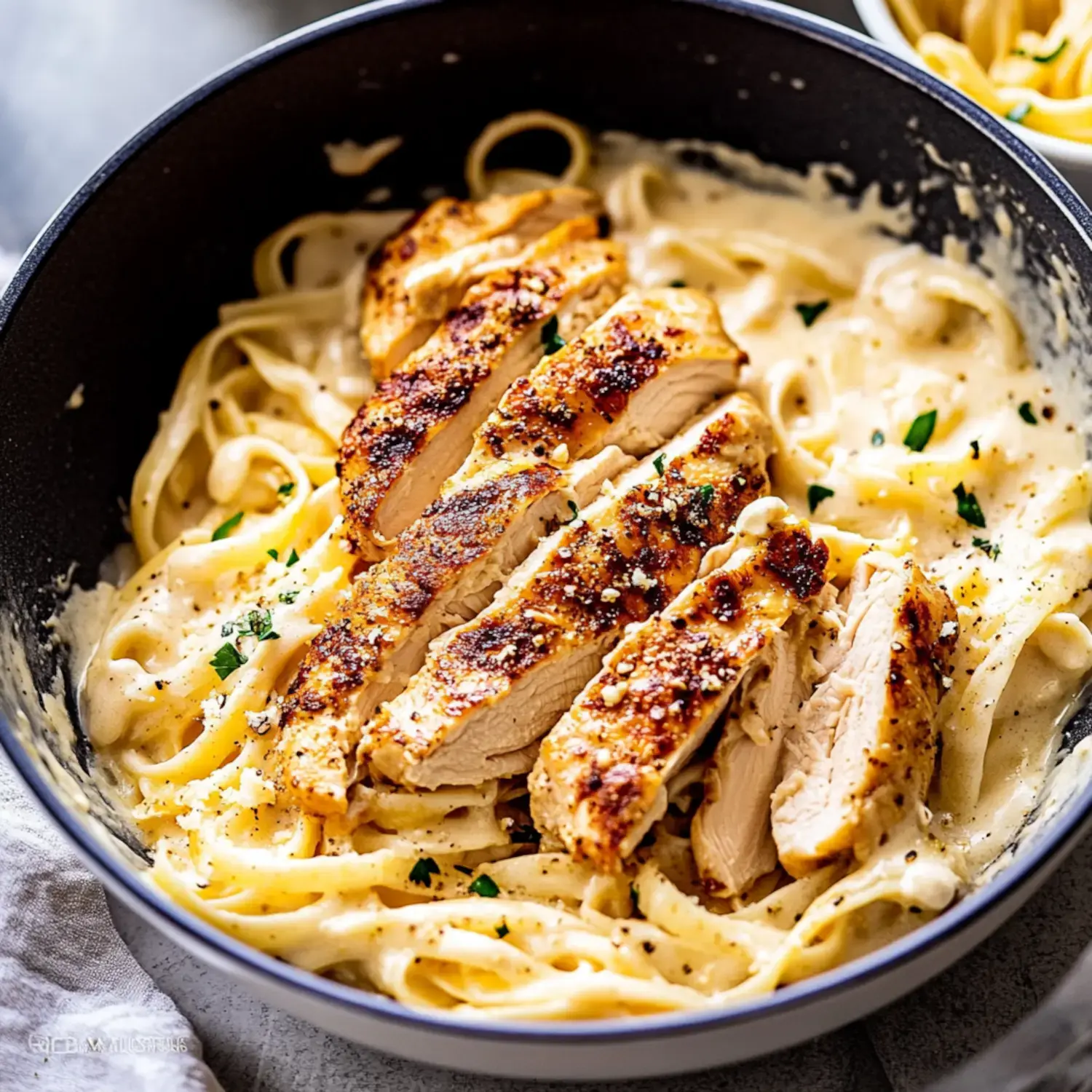 A bowl of fettuccine pasta in creamy sauce topped with sliced grilled chicken and garnished with parsley.