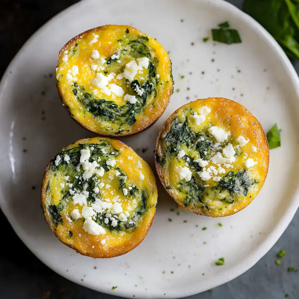 Three spinach and egg muffins topped with crumbled cheese, presented on a white plate.