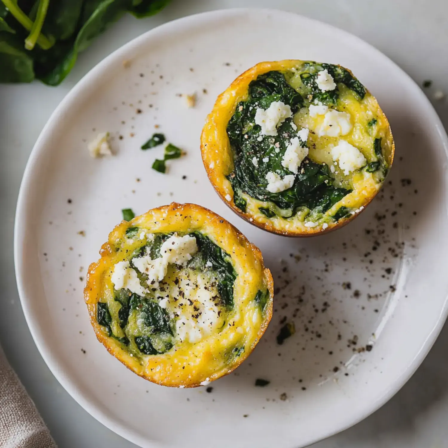 Two spinach and feta egg muffins, garnished with black pepper, are displayed on a white plate with scattered herbs.