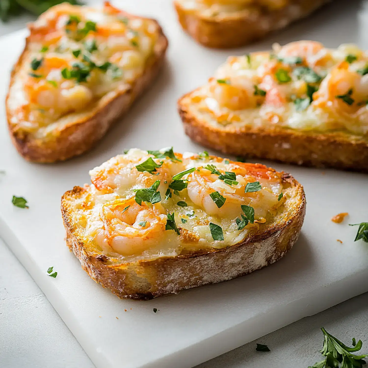 Four pieces of toasted bread topped with shrimp and herbs sit on a white cutting board.