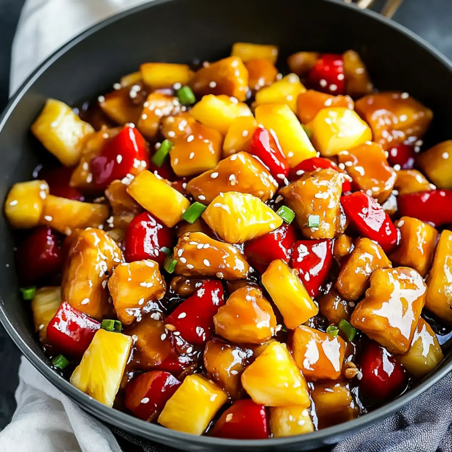 A close-up view of stir-fried chicken pieces mixed with pineapples, red bell peppers, and a shiny sauce, garnished with green onions and sesame seeds in a black bowl.